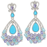 Elegant Pear Blue Turquoise sterling silver earrings with Topaz accents and intricate design.